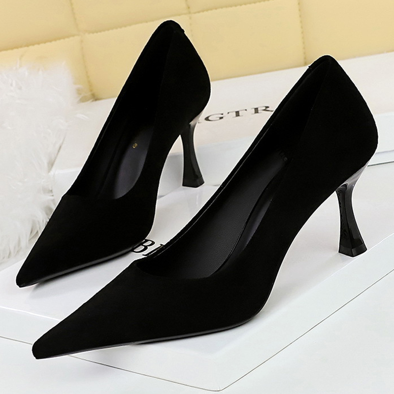 Shoe Tree - BIGTREE รองเท้าหนังนิ่มสีดําผู้หญิงปั๊มแก้วไวน์และรองเท้าส้นสูงชี้ Toe ผู้หญิงรองเท้าส้นสูง 7 ซม.10