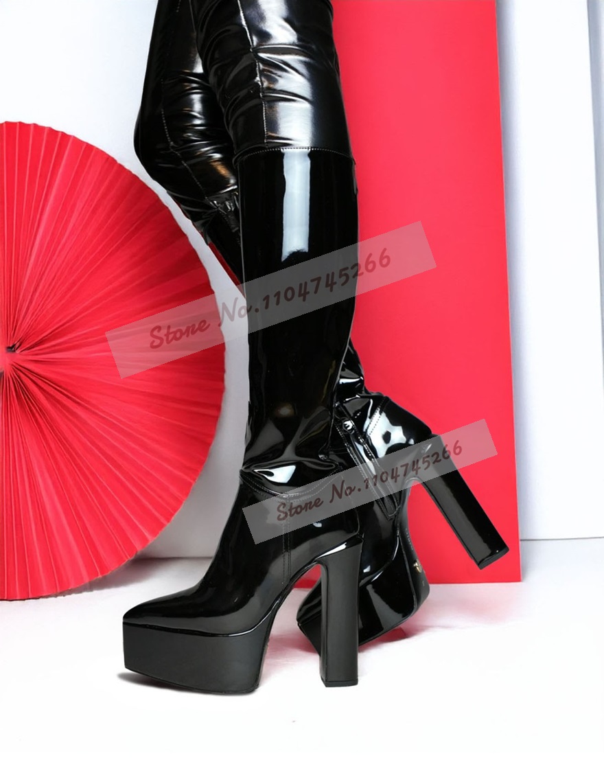 Leather Shoe Polish - รองเท้าบูทส้นตึกสูงถึงเข่า หัวแหลม หนังแก้ว ขัดเงา สีดำ สไตล์หรูหรา