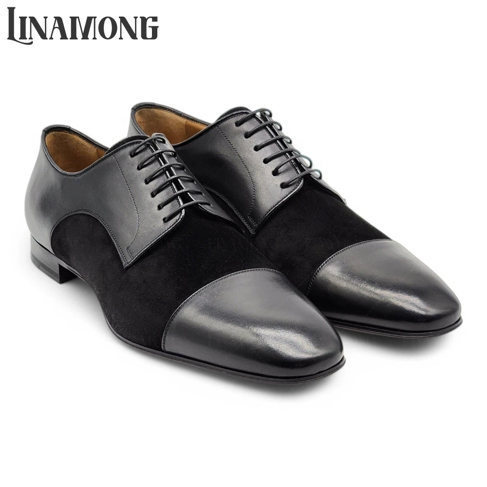 Leather Shoe Polish - รองเท้าเดอร์บี้หนังกลับขัดเงา แต่งหนังสีดำ รองเท้าทรงทางการ หัวเหลี่ยม ผูกเชือก ส้นเตี้ย